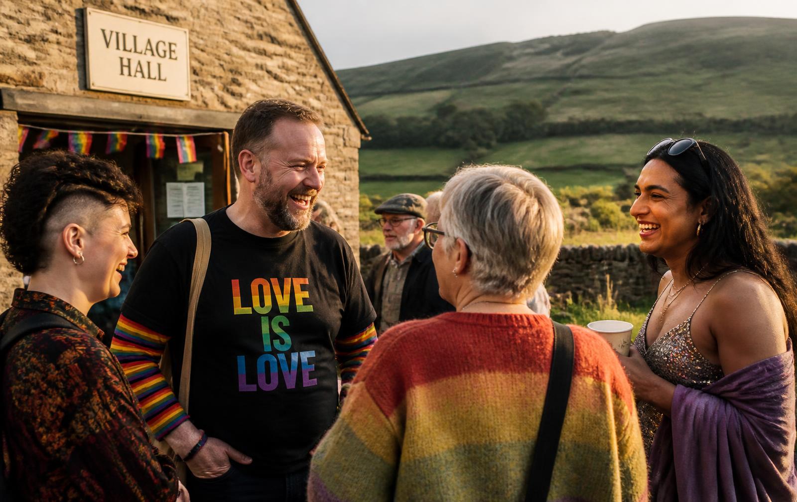 A group of LGBTQ+ people of different ages talking outside a village hall in the countryside