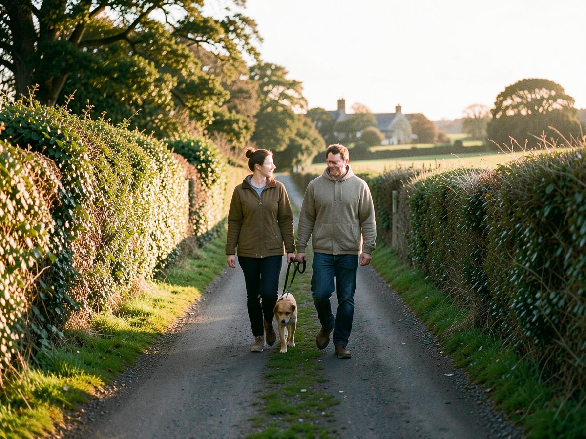 Two people walking a dog along a quiet country lane at golden hour